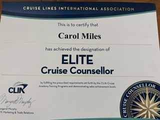CLIA certificate naming Carol Miles an Elite Cruise Counsellor